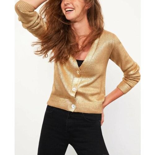 V Neck Knitwear Cardigan Long Sleeve Midi Length Knitwear 2 3colors gold - silver