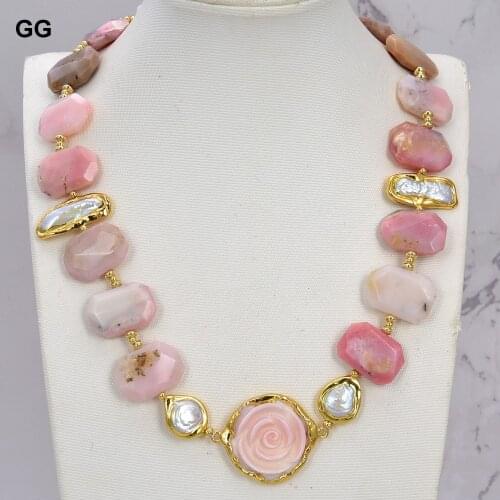 GuaiGuai Jewelry Natural Pink Opal White Biwa Pearl Pink Queen Conch Flower Necklace 21"