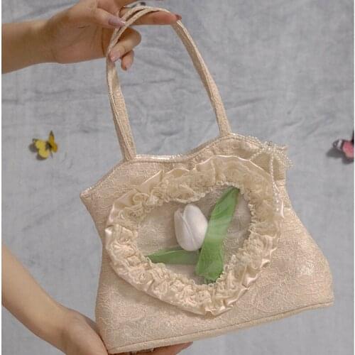 [EAM] Handle Bag Women Retro Lace Pearl Handbag New 2021 Fashion Temperament Large Capacity Of Flowers Shoulder Bag 18A5248