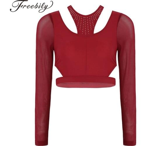 Women Ladies Shiny Rhinestones Cutout Neckline Long Sleeves Back Crossed Crop Tops for Ballet Dance Stage Performance Workout