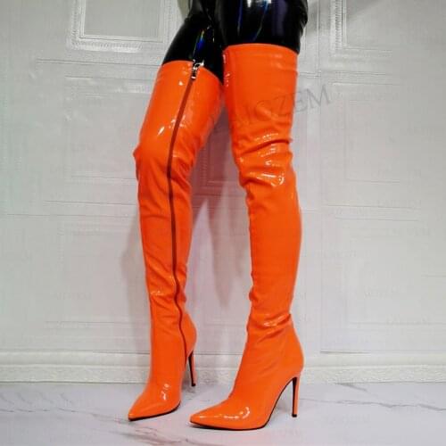 DOHBANER Women Thigh High Boots Full Zip Up Stiletto Heels Over Knee Pointed Toe Shiny Party Boots Zapatos Muje Big Size 43 47
