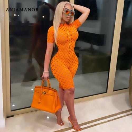 ANJAMANOR 2021 Summer Rompers Womens Jumpsuit Shorts Sexy Hollow Out Short Sleeve Zipper Bodycon Onew Piece Outfit D29-CE27
