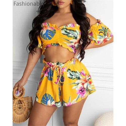 Women Off Shoulder Floral Print Crop Top & Drawstring Shorts 2 Piece Sets