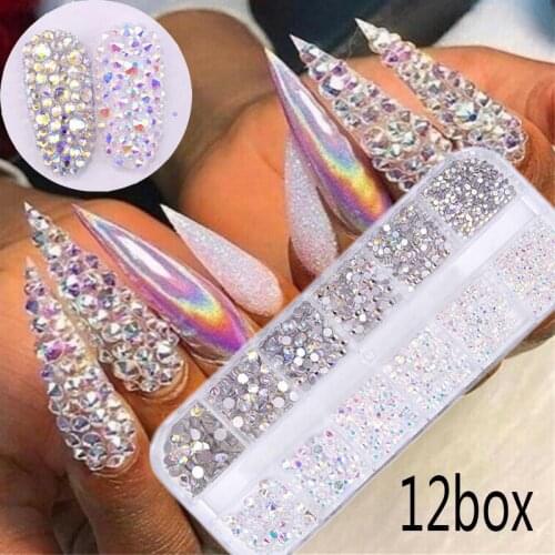 12 Boxes / Set of AB Crystal Rhinestone Diamond Gem 3D Glitter Nail Art Decoration Nail Accessories Nail Stickers for Summer