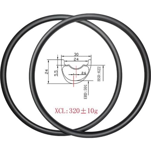 Light 320g 29er MTB XC 30mmx24mm Hookless tubeless Asymmetric Disc carbon rims UD 3K 24H 28H 32H cross country mountain bicycle
