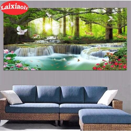 Large Diamond Painting Waterfall Forest Swan Deer 5D Daimond Painting Embroidery Cross Stitch Full Square Round Drill decoration