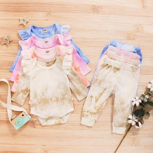 Childrens Two Piece Set Rib Tie Dyed Ruffle Romper Long Sleeves for Toddlers Trousers Suit