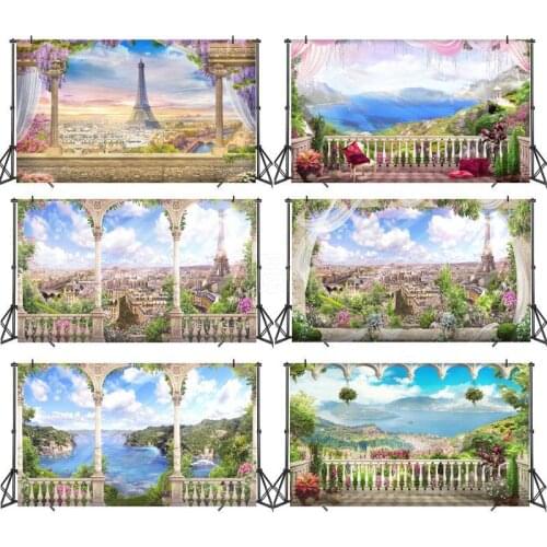 Natural Backdrops Green Spring Vine Flowers Mountain Tree Balcony Sculpture Scenic Photo Backgrounds For Photo Studio