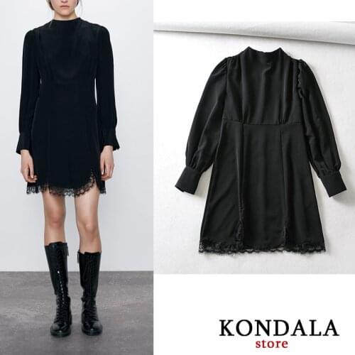 KONDALA Za Women Solid Black Lace Party Mini Dress 2021 Fashion Long Sleeve A-Line Elegant Vestidos Mujer