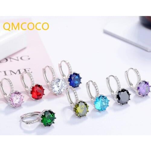 QMCOCO New 925 Silver Round Earrings For Women Trendy Elegant Sweet Sparkling Color Zircon Birthday Party Punk Jewelry Gifts
