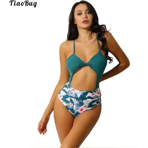 TiaoBug Summer Women One-Piece Floral Print Swimming Leotard Bodysuit Sleeveless Halter Cutout Deep V Neck Swimwear Swimsuit