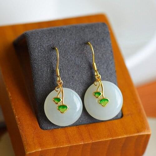 Designers unique creative inlaid apricot leaf natural Hetian jade round earrings Chinese style classical ladies silver jewelry