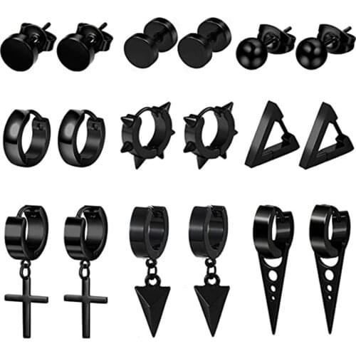 Stainless Steel Stud Huggie Hoop Earrings for Women Mens Black Cross Triangle Dangle Earrings Punk Style Goth Earrings Set