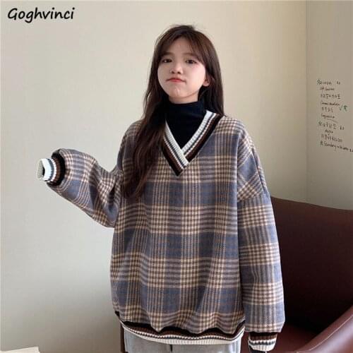Women Sweatshirts Plaid V-Neck Knitting Long Lantern Sleeve Warm Patchwork Females Leisure Trendy Retro Loose Chic Plus Velvet