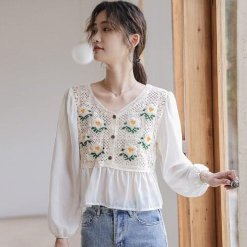 Flower Embroidery Long Sleeve Shirt Y2K Hollow Out Knitted V-neck Blazers Women 2021 Chiffon Patchwork Crop Top White Summer