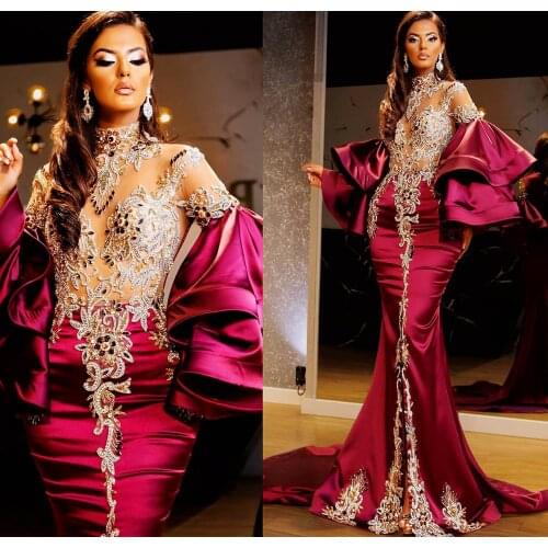2021 Plus Size Arabic Aso Ebi Burgundy Mermaid Sexy Prom Dresses Lace Beaded Crystals Satin Evening Formal Party Gowns
