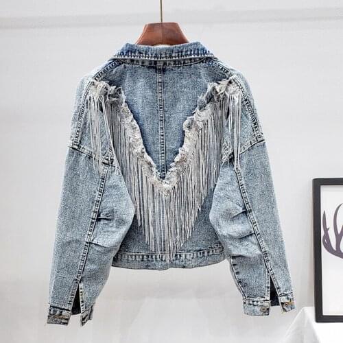 2021 Autumn New Sequins Tassel Denim Jacket Women Outerwear Streetwear Fashion Loose Long sleeve Short Jeans Jackets Coat Female