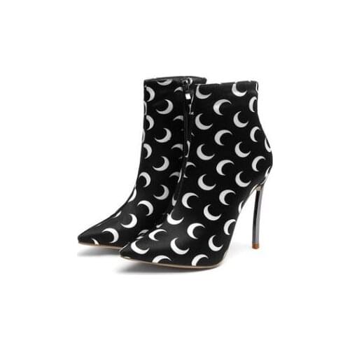 2021 Women Black Fabric with White Moon Print Ankle Boots Pointed Toe Thin High Heels Ladies Short Boots