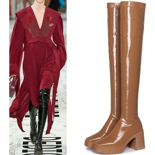 Moraima Snc Roudn Toe Over the Knee Woman Boots Thick Heels Thigh high Boots Runway Black Leather Riding Boots