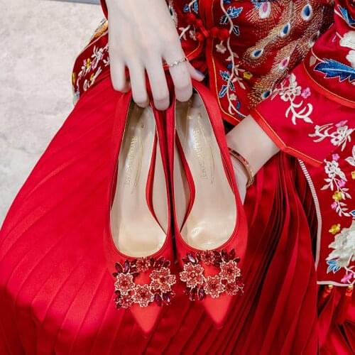 BaoYaFang Red Fashion 2020 New Arrival women wedding shoes Bride High heels shoes big size party dress shoes woman High Pump