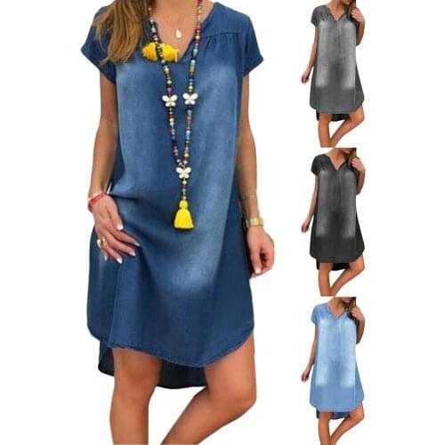 Womens Denim Dress Summer V-neck Pullover Short Sleeve Knee Length Skirt Solid Color Loose Wear Pullover Dress Street Wear