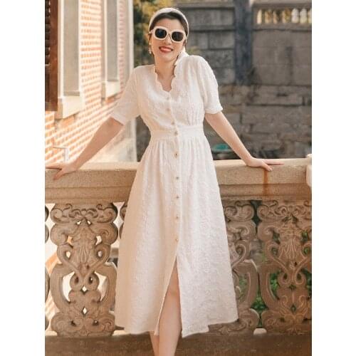 Women Rose Jacquard Chic Wave V-neck Dress Summer French Retro Single-breasted Temperament White Midi Dress