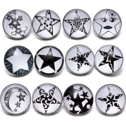 12pcs/lot Black&White Theme Star Pattern 18mm Snap Button Charms For 18mm Snaps Bracelet Snap Jewelry KZ0634