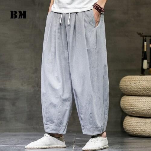 2021 Chinese Style Loose Oversized Cotton Linen Casual Wide-Leg Pants MenS Clothing Harajuku Linens Plus Size Trousers Male