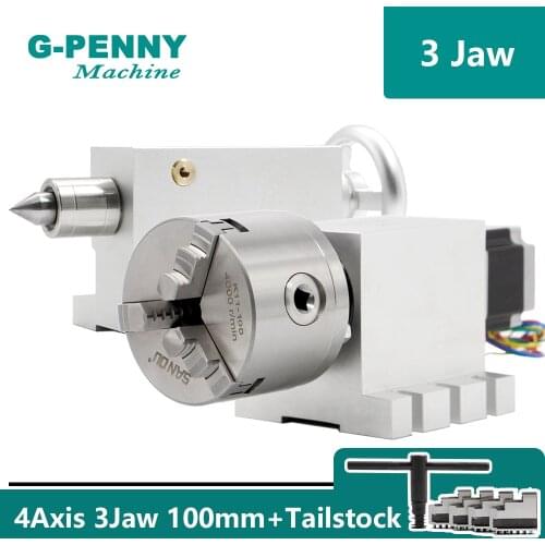 3 Jaw 100mm Chunk 4th Axis harmonic gearbox reducer dividing head Rotation A Axis CNC Nema23 stepper motor with Tailstock