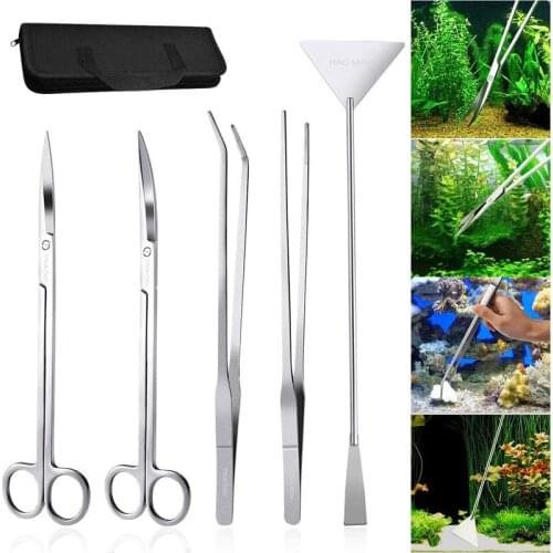 5pcs/set Aquarium Tools Set Plants Tweezers and Scissors Grass Stainless Steel Cleaning Tools Plants Fish Tank Accessories
