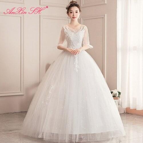 AXJFU princess flower lace bride wedding dress party vintage o neck flare sleeve sparkly ball gown white wedding dress