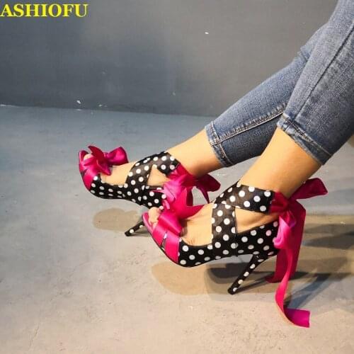ASHIOFU New Real Photos Ladies High Heel Pumps White-dots Wedding Party Dress Shoes X-straps Bowtie-knot Fashion Evening Shoes