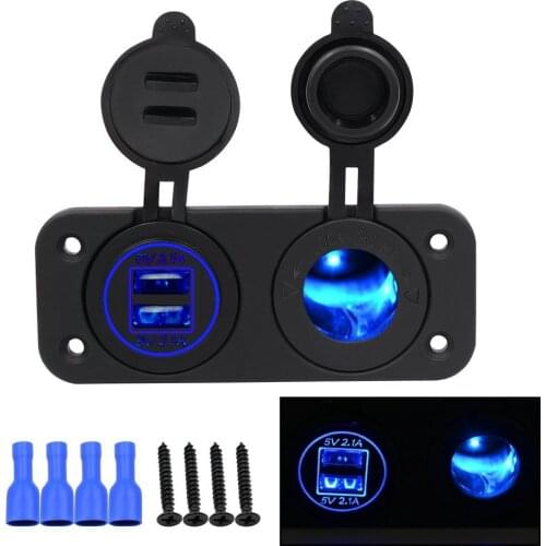 DIY Car 4.2A Dual USB Charger Power Outlet with Led Light and Cigarette Lighter Socket for Car Motor Homes Yacht Boat Etc (Blue)