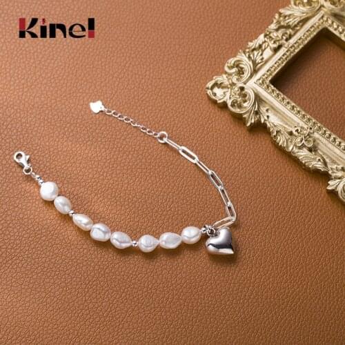 Kinel 925 Sterling Silver Trendy Bracelets for Women Creative Simple Natural Baroque Pearl Heart Bracelet Birthday Party Jewelry