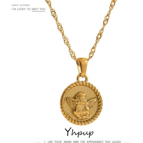 Yhpup New Stainless Steel Angel Pendant Necklace Chain Jewelry Gold Color 18 K Round Necklace Collar Accessories for Women Gift