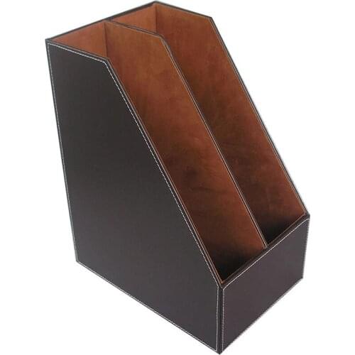 PU Leather Desktop File Folder Organizer and Document File Stand Journals Magazine Holder Rack 2 Slots
