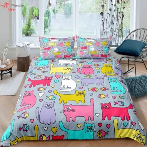 Cartoon Cute Cat Quilt/Pillow Cover Duvet Cover Boy Girl 2/3Pcs Bedding Set King Queen Twin Couple 90 Beds Adult Teens Bed Cover
