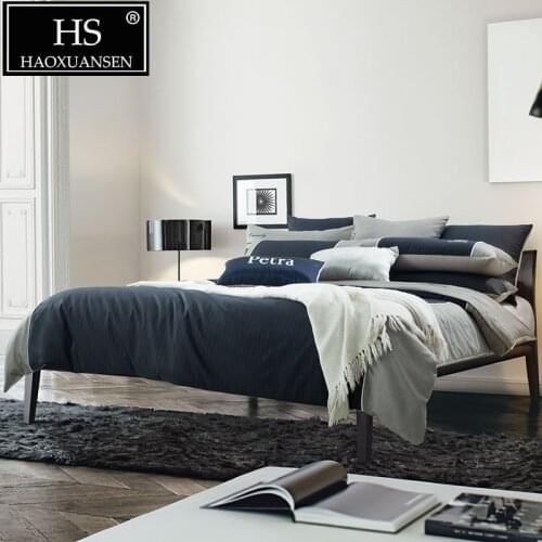 Navy Blue Stripes Luxury Bedding Sets Simple Business Style 4pcs 6pcs Double Quilt Cover Set Queen King Size Cotton Bed Sheet