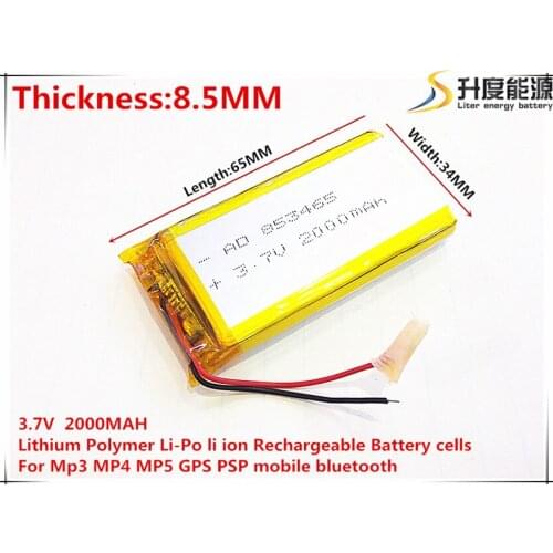 3.7V 2000mAh 853465 Lithium Polymer Li-Po li ion Rechargeable Battery cells For Mp3 MP4 MP5 GPS mobile bluetooth