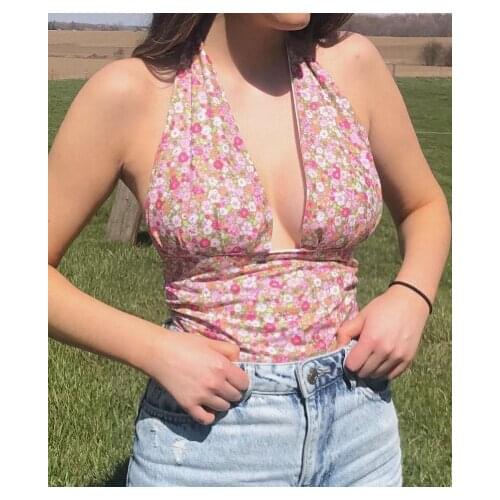 Summer Spring Chic Sexy Women Halter Tank Tops Sleeveless Floral Print Ruched Self Tie Backless Camisole Pink S M L