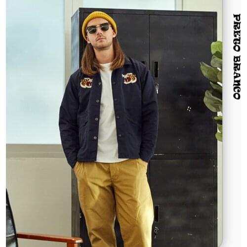 PRETO BRANCO Mens High Quality Tiger Head Baseball Jacket Men Vintage Amekaji Coach Jacket Waterproof Fleece Lining CoatOQR