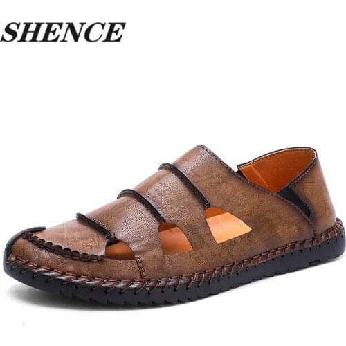 SHENCE Summer Men Sandals Hollow Casual Shoes Mens Hiking Sandals Beach Shoes Classics Retro Man Rome Shoes Plus Size 6 - 12.5