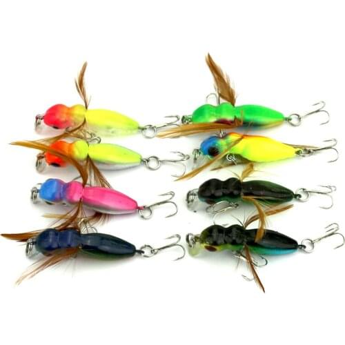 HENGJIA 8PCS 4.5CM 3.4G Insect plastic Fishing Lures with Wings feathers crank bass peche fishing baits pesca fishing tackles