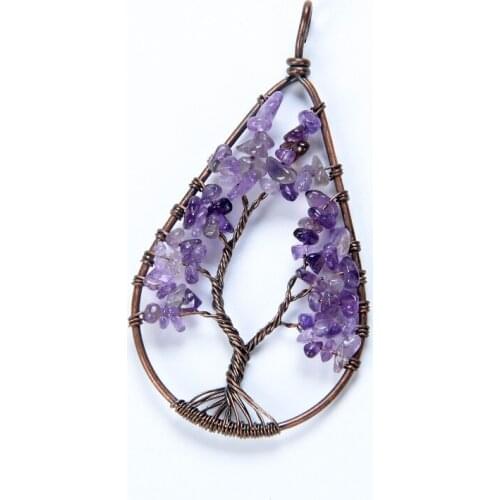 New Vintage Copper Water Drop Tree of Life Winding Pendant Natural Amethysts Stone Tourmaline Pendants for Necklace Lady Jewelry