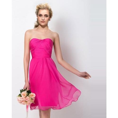 Tanpell strapless bridesmaid dress fuchsia sleeveless knee length sheath gown lady wedding party custom short bridesmaid dresses