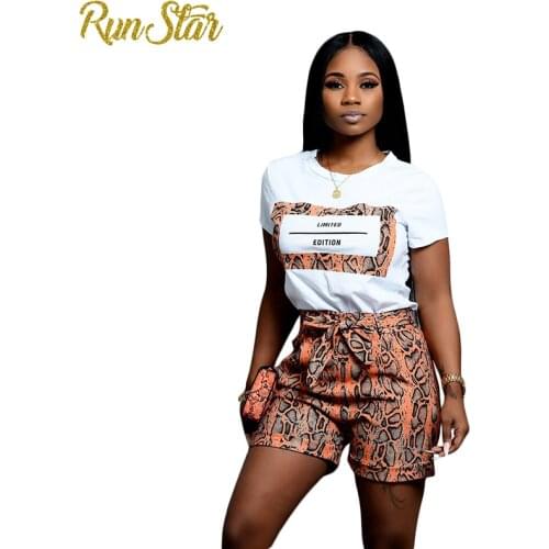 RunStar Summer Women Casual Short Suits 2 Piece Set Letter Short Sleeve+Leopard Shorts Sets Tracksuit Female Outfit Clothing