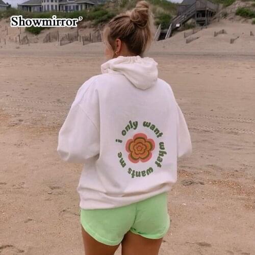 Showmirror G Floral Print White Casual Hoodies Women Autumn Winter Hooded Women Sweetshirts Fashion Oversized Sweatshirt