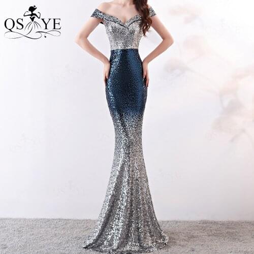 Navy Evening Dress Off Shoulder Mermaid Evening Gown Fading Party Dress Sequin Formal Dress Silver Bottom Side Sleeves Celebrity