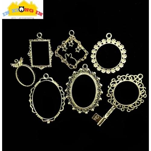 Vintage Oval Lace Open Bezels Charms DIY Resin Craft Accessories Square Round Metal Mirror Pendant Jewelry Hollow Frame