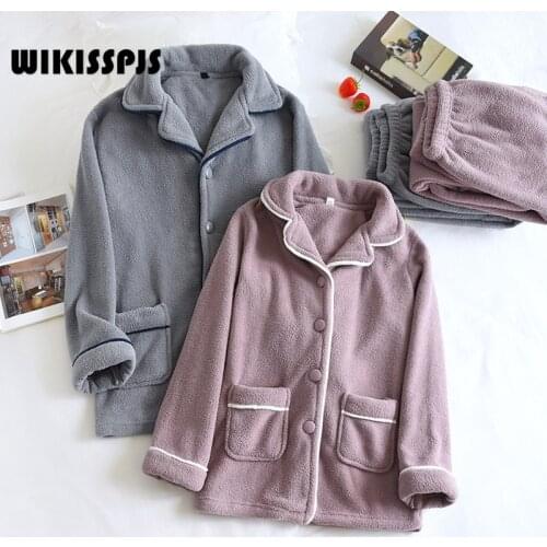 WIKISSPJS Snow Fleece Pajamas Mens Autumn Winter Thickened Plush Warm Suit Couple Flannel Home Clothes Two Piece Set Women